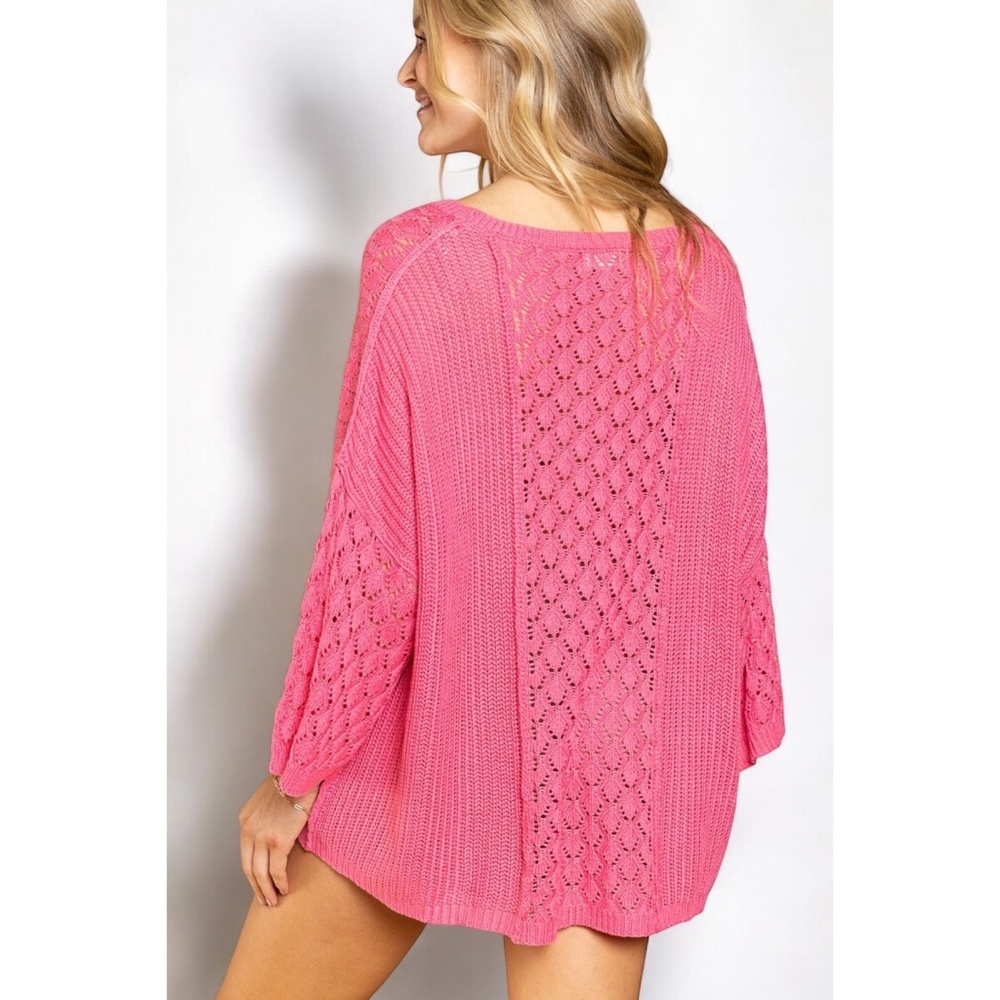 POL Hot Pink Crochet & Rib Knit Oversized Transitional Sweater - Picture 4 of 8